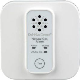 A wall-mounted natural gas alarm device with a test button and indicator lights.