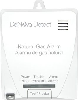 A wall-mounted natural gas alarm device with test button and LED indicators.