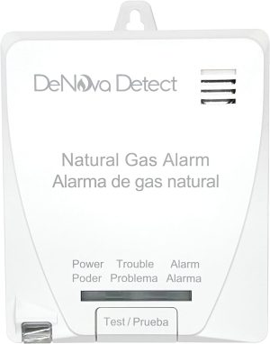 A wall-mounted natural gas alarm device with test button and LED indicators.