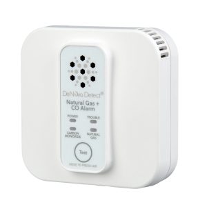 A white carbon monoxide and natural gas detector with test button and LED indicators.