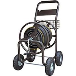 A portable hose reel cart with wheels and a black handle.